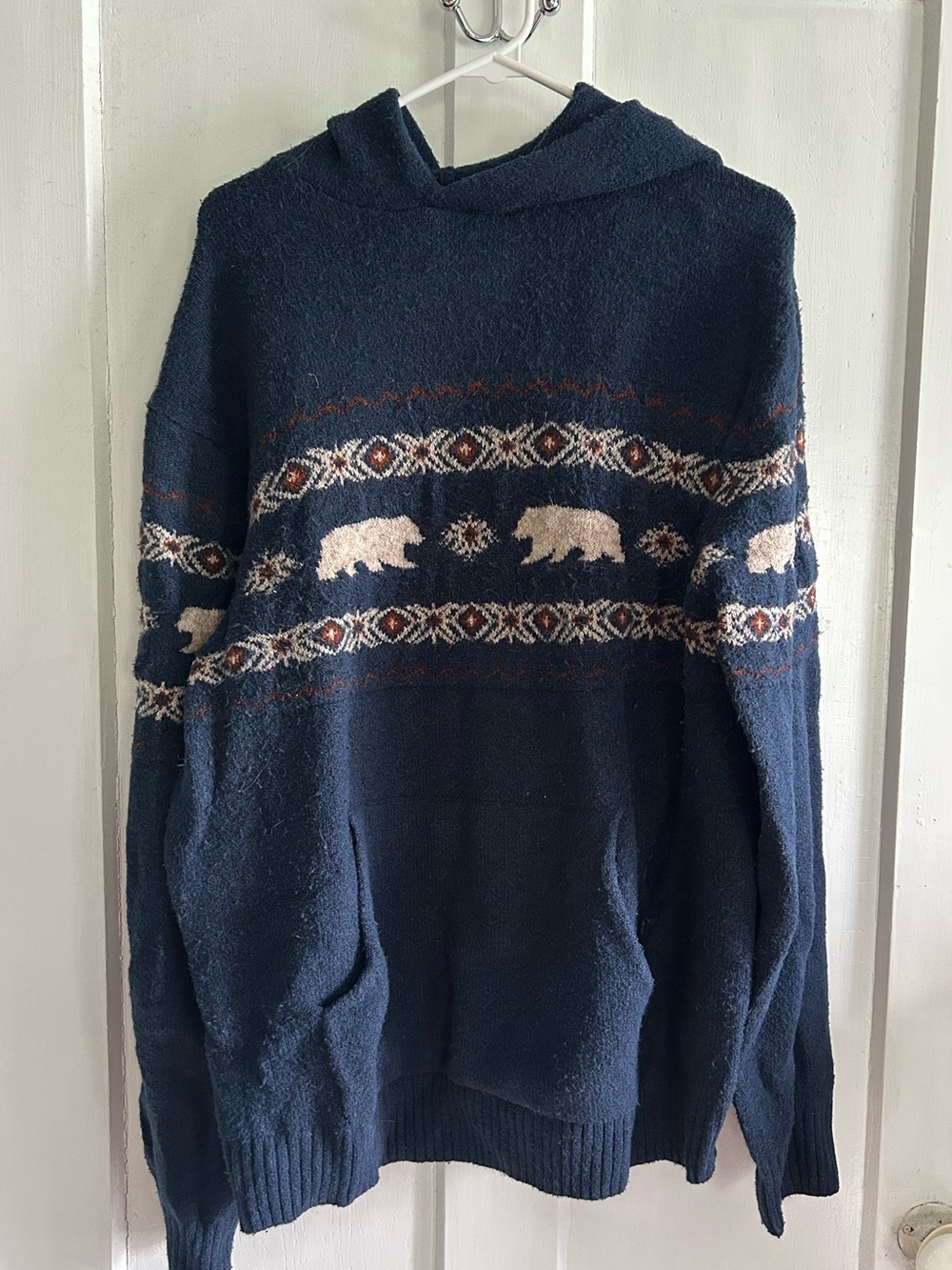 Men's Navy Hooded Sweater with Polar Bear Pattern